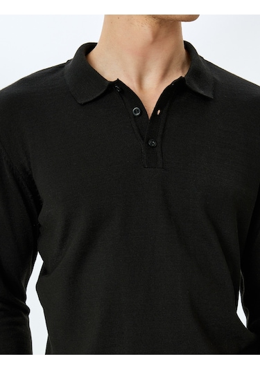 Koton Polo Yaka Düğmeli Basic Uzun Kollu Triko Kazak Siyah 5wam70166ht Siyah