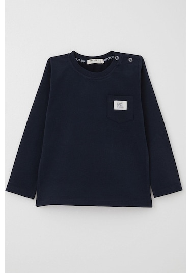 Breeze Erkek Bebek Uzun Kollu Tişört Cep Detaylı Cool Yazı Armalı 9 Ay-3 Yaş, Lacivert Lacivert
