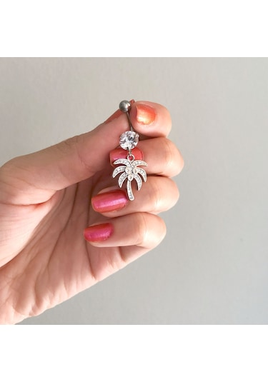 Ferizz 316l Çelik Zirkon Taşlı Palmiyeli Piercing Prc-134 Gümüş
