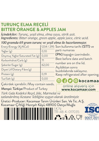 Kocamaar Çiftliği Turunç & Elma Reçeli Rafine Şeker İlavesiz 270 G