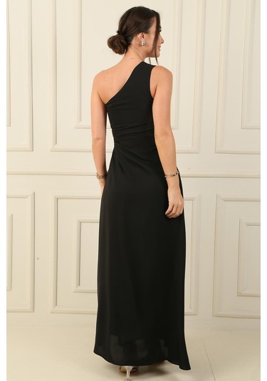 Kadın Tek Omuz Yan Pencere Detaylı Uzun Krep Saten Elbise-38275 Siyah