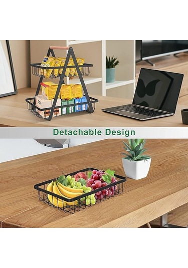 Geeroyoo Karbon Çelik Mutfak Ve Salon Depolama Sepeti, Ahşap Kollü İki Katlı, Meyve, Ekmek Ve Atıştırmalık Taşıma İçin Dayanıklı Tasarım Fruit Basket Çift Siyah