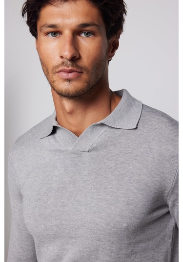 Tudors Erkek Slim Fit Dar Kesim Polo V Yaka Gri Kazak-28979-gri Gri