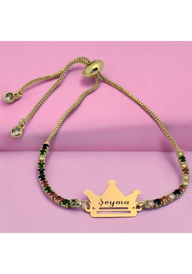 Şeyma İsmine Özel Taç Motifli 14 Ayar Altın Plakalı Renkli Taş Desenli Hediye Bileklik-489isim Şeyma