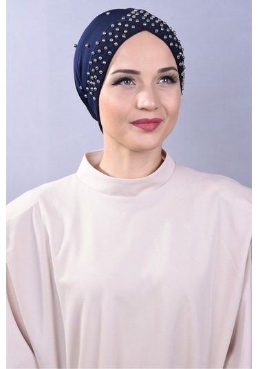 Kadın Tesettür İncili Taşlı Havuz Dış Bone Lacivert Lacivert