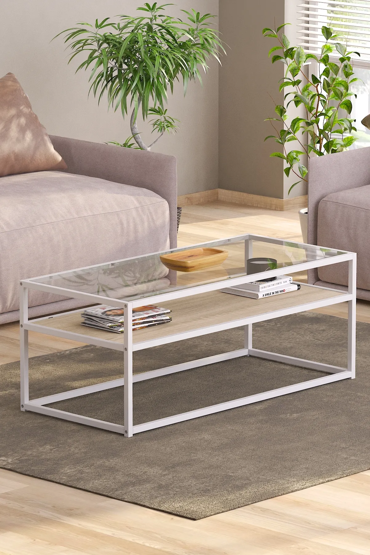 Modern Metal Iskeletli Temper Camlı 2 Katlı Dikdörtgen Orta Sehpa Endülüs-beyaz-şeffaf