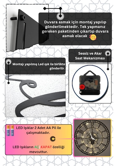 Led Işıklı Modern Duvar Saati Sessiz Dekoratif Modern Siyah Duvar Siyah