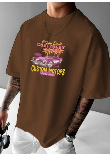 Custom Motor Baskılı Oversize Tişört Kahverengi