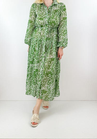 Modaonna Yeşil Çiçek Desenli Pamuklu Maxi Elbise Yeşil