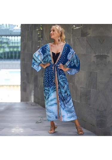 Edolynsa Bohem Mayo Cover Up Retro Şerit Kendinden Kuşaklı Kadın Yaz Giysileri Uzun Kimono Elbise Beachwear Bikini Kapak-ups Q1521 Mavi