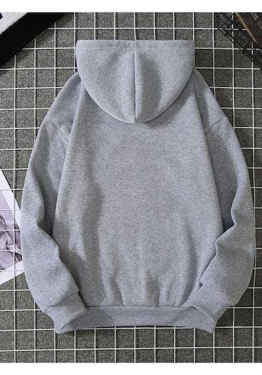 Yarım Kalp Sweatshirt - Gri Baskılı Oversize Kışlık Kalın Kapüşonlu Gri