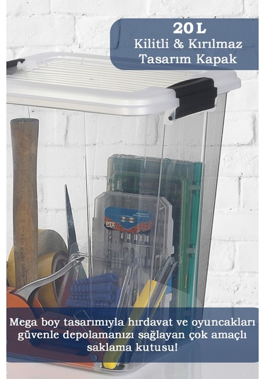 2'li Megabox 20l Saklama Kabı - Kilitli Kapaklı Çok Amaçlı Düzenleyici Kiler Depolama Oyuncak Kutusu Şeffaf