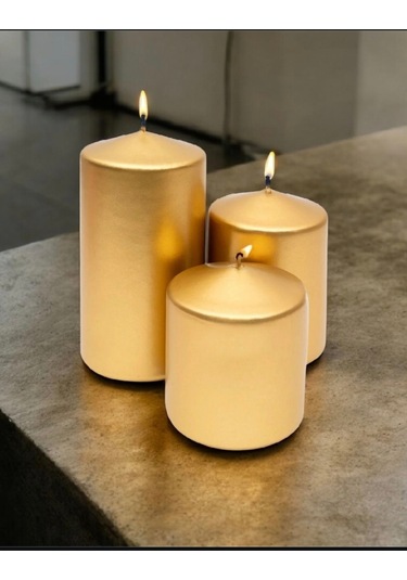 Denic 3 lü Mum Seti  Metalik Gold Blok Mum Metalik Silindir Mum Baton Mum