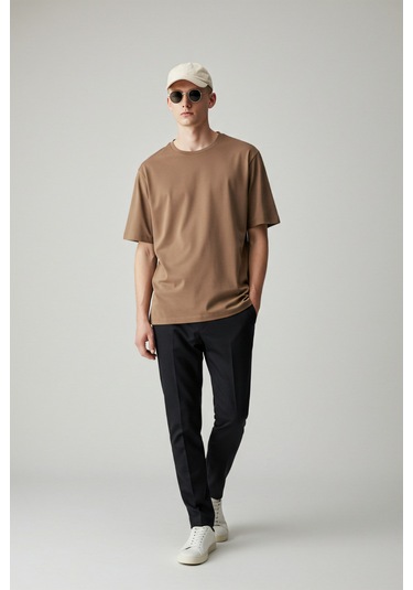Erkek Oversize Basic Tişört Unisex %100 Pamuk Rahat Kalıp Erkek Tam Oversize Tişört Kahverengi