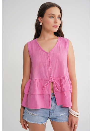 4722 Kadın V Yaka Fırfırlı Müslin Bluz Pembe Pembe