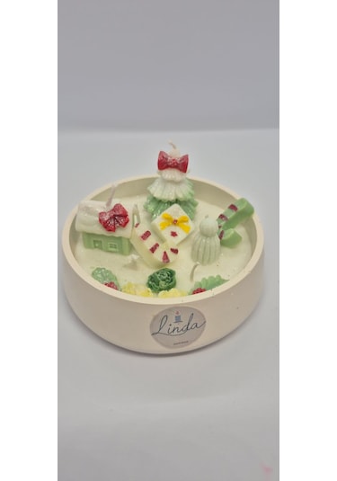 Yılbaşı Hediyelik Linda Kase Mum El Yapımı, Doğal Soya Mum Açık Sarı - Yeşil