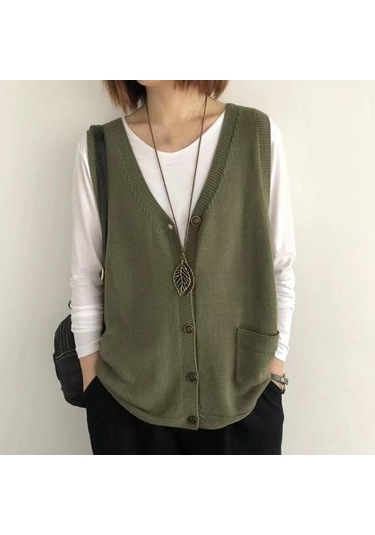 Yeşil Kadın Örgü Yelek V Yaka Kolsuz Tek Sıralı Sıcak Yelek Düz Renk Bol Kesim Yeşil