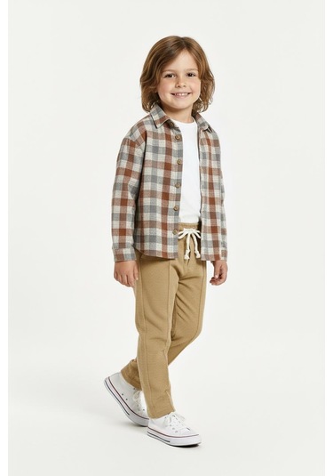 Kiremit Ekoseli Gömlekli 3 Lü Takım Bej