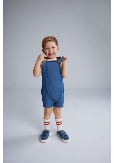 DeFacto Erkek Bebek 2'li Takım Çizgili Kısa Kollu Tişört Jean Salopet Tulum E7934A525SMBE394 Mavi