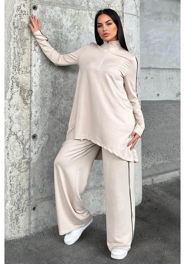 Taş Asimetrik Kesim, Fermuarlı Bluz & Bol Paça Pantolon - Viskon İki İplik Kumaş Alt & Üst Takım Taş