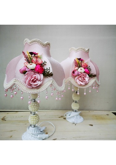 İki Adet Çiçek Dekorlu Abajur Özel Tasarım Dekoratif Eşya A200 Pembe