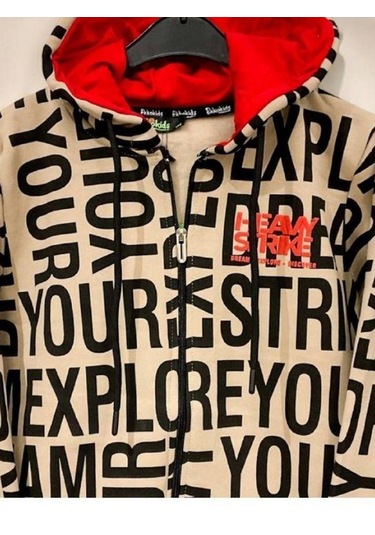 Erkek Çocuk Harf Baskılı Şardonlu Kapüşonlu Hırka-14808 Bej