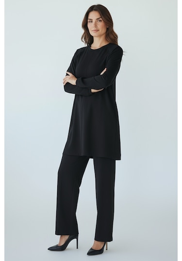 Kadın Tunik Önü Dikişli Altı Bantlı Pantolonun Beli Lastikli Önü Dikişli İkili Takım Siyah
