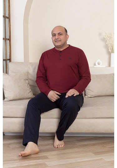 Guava Erkek Büyük Beden 3 Düğmeli %100 Pamuk Mevsimlik Uzun Kol Cepli Pijama Takımı Bordo