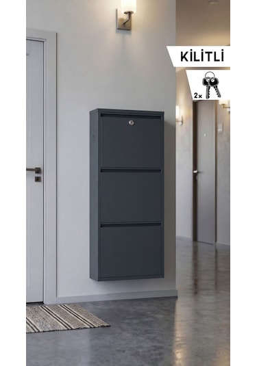 Kilitli Üçlü Metal Ayakkabılık Antrasit Yedek Anahtarlı Antrasit