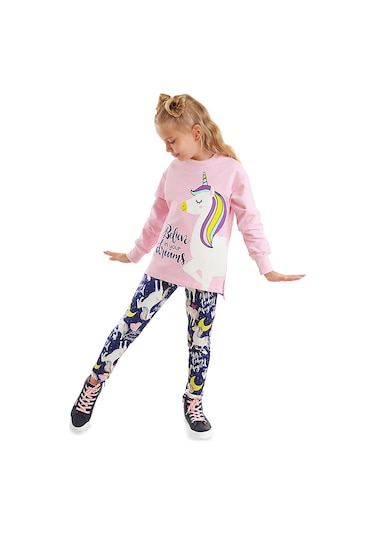 Denokids Mshb&g Unicorn Kız Çocuk Sweatshirt Tayt Takım Gülkurusu
