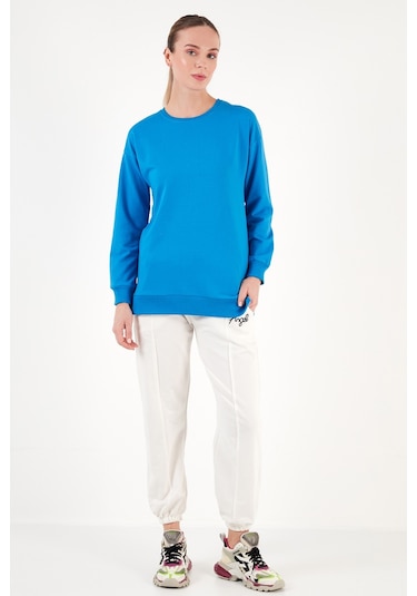 Lela Pamuklu Regular Fit Bisiklet Yaka Basic Bayan Sweat 5863569 Turkuaz