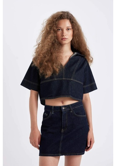 Defacto Fashion Fit Polo Yaka Kısa Kollu Jean Bluz D3716AX24AUNM34