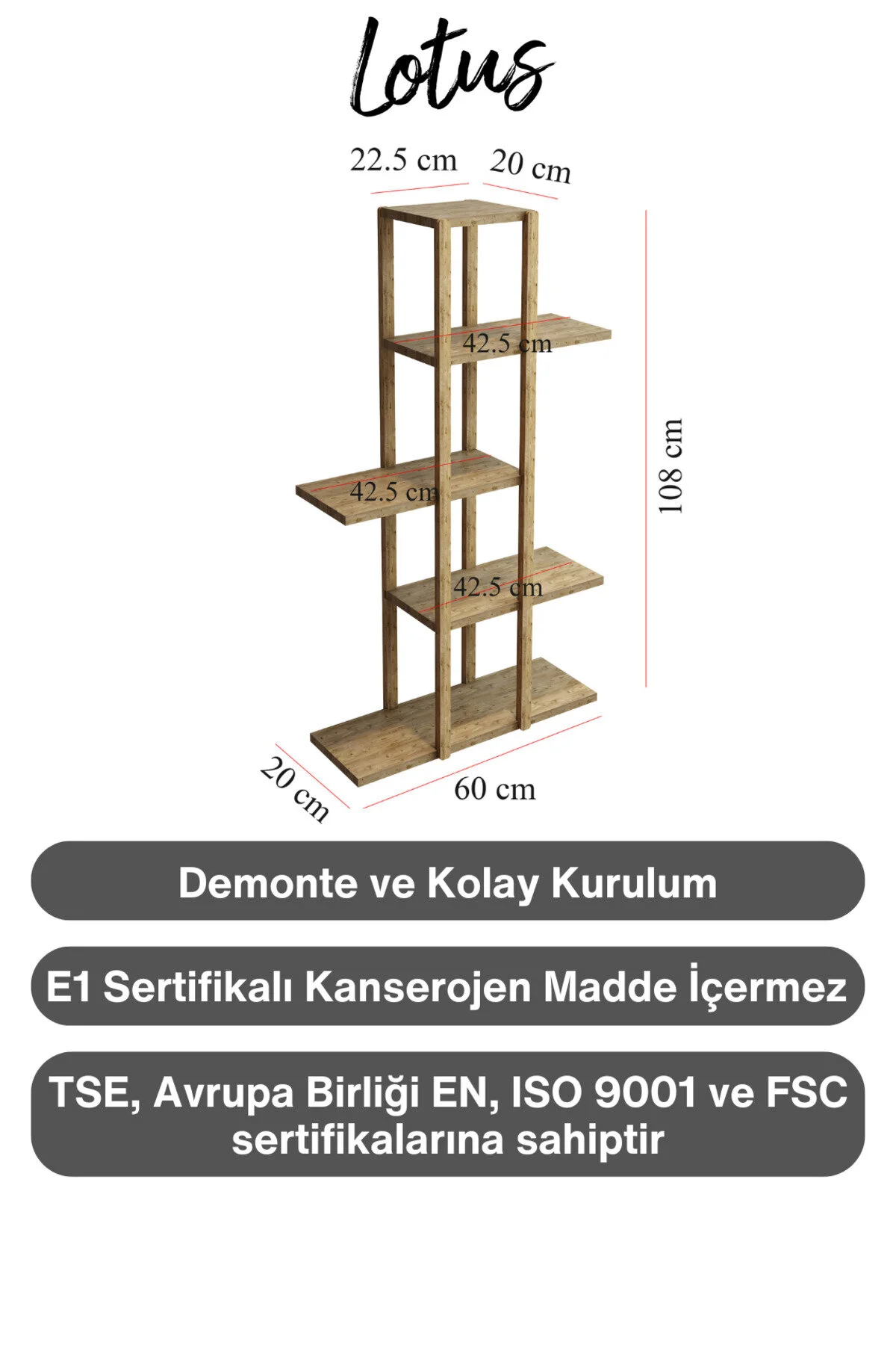 Lotus Ahşap 5 Katlı Çiçeklik, Saksılık, Çiçek Standı, Dekoratif Raf / Çok Amaçlı Kullanım Atlantik Çam