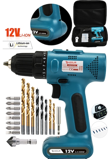 Assur ASR002 12V Usb Şarjlı Matkap Vidalama Dahili Batarya Mavi