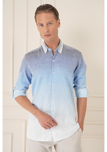 Comfort Fit Apoletli Degrade Desen Esnek Pamuk Mavi Gömlek G 1575 Mavi