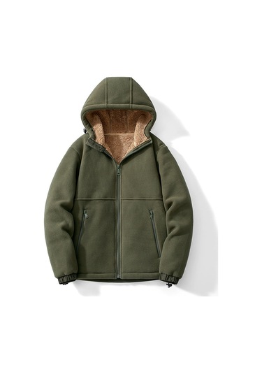 Erkek Sonbahar Ve Kış Kapşonlu Kuzu Derisi Kalın Sıcak Ceket Yeşil