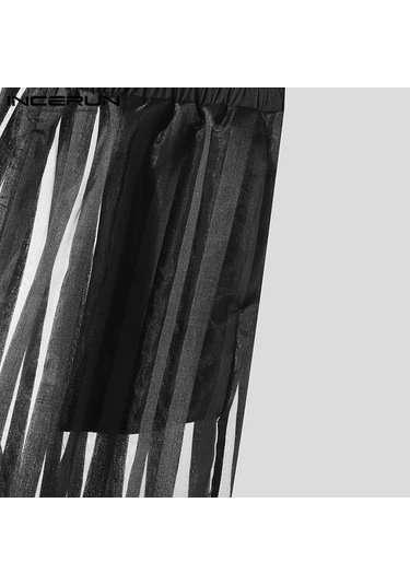 Incerun Erkek Yazlık Fileli Şeffaf Pantolon Yazlık Çizgili Uzun Pantolon Siyah