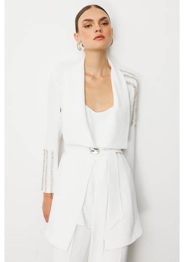 Moda İlgi Kadın Omuz Ve Kol Taş İşleme Detaylı Şal Yaka Kuşaklı Ceket 5007 Ekru Ekru