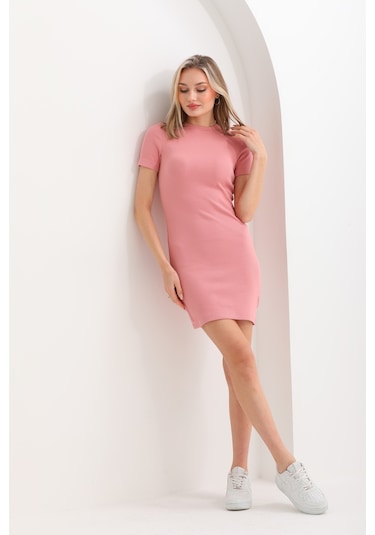 Kallima Pembe Vücuda Oturan Kısa Kollu Mini Fitilli Esnek Kalem E Pudra Pembe