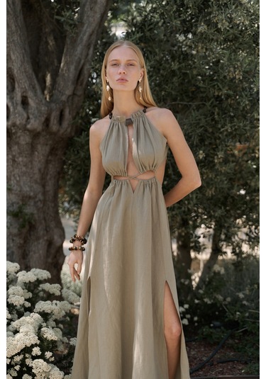 Bunina Bağcıklı Boncuk Detay Haki Uzun Elbise Haki