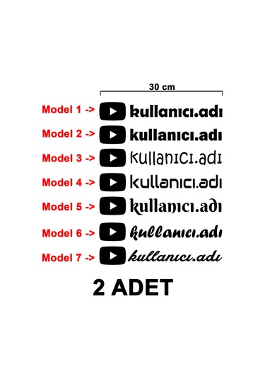 2 Adet Youtube Kullanıcı Adı Sticker - Youtube Sticker - Youtube Logo Sticker - 30cm - Siyah