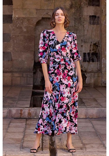 Monamise 23025 Kadın Fakir Kol Çiçekli Elbise-çiçekli Çok renkli