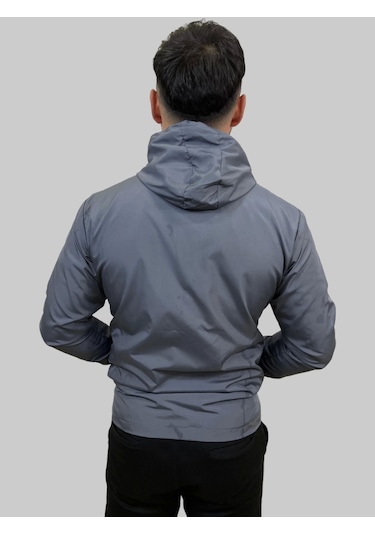 Erkek Kapüşonlu File Detaylı Füme Yağmurluk Füme