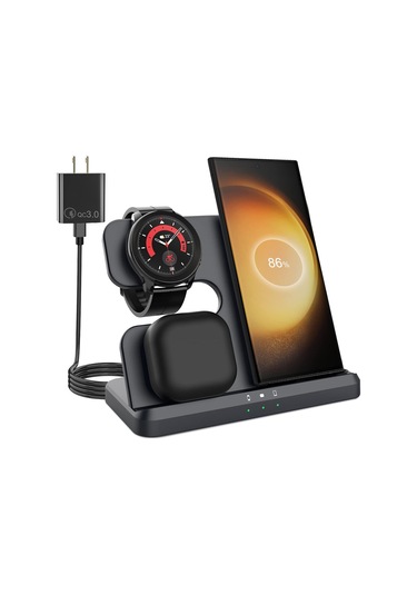 Maiyame Samsung Uyumlu Telefon, Saat Ve Kulaklık İçin 15w Hızlı Şarj, Dikey Masaüstü 3'ü 1 Kablosuz Şarj Aleti, Siyah, Avrupa Standartı