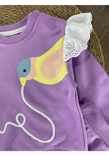 Omuzda Dantel Detaylı Kuş Baskılı Takım Mor
