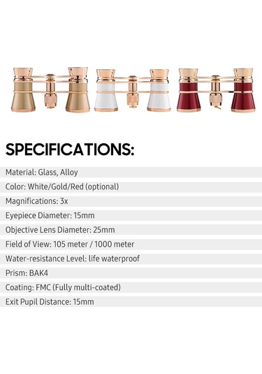 Yaozixa Kadınlar İçin Klasik Kolyeli 3x25 Binokül, Tam Metal Gövde, Bak4 Prisma Ve Fmc Lensli, Tiyatro-opera İçin Kısa Mesafe Görüntüleme