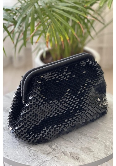 El Yapımı Siyah Pullu Parlak Örgü El Çantası Siyah