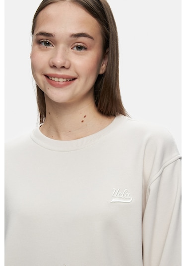 Ucla Sunnıva Bej Bisiklet Yaka Nakışlı Loose Fit Kadın Sweatshirt Bej