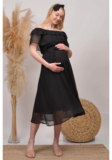 Kadın Kuşaklı Şifon Hamile Elbisesi Dphml8060 Siyah