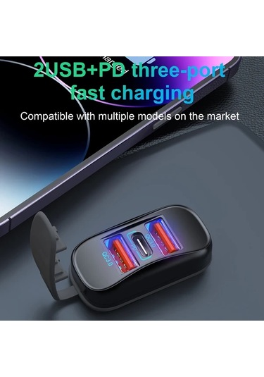 Xuweiwei Siyah Zunvmms Usb Araç Şarj Cihazı, Çift Qc 3.0 Ve Pd Hızlı Şarj, Mavi Işık Ekranı, 12v/24v Uyumlu